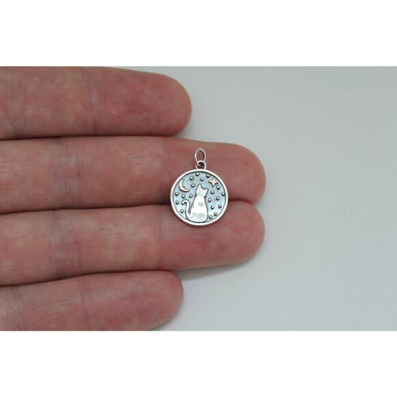 Sterling Silver Star Gazing Kitty Charm with a Bronze Moon and Star - Picture 2 of 5